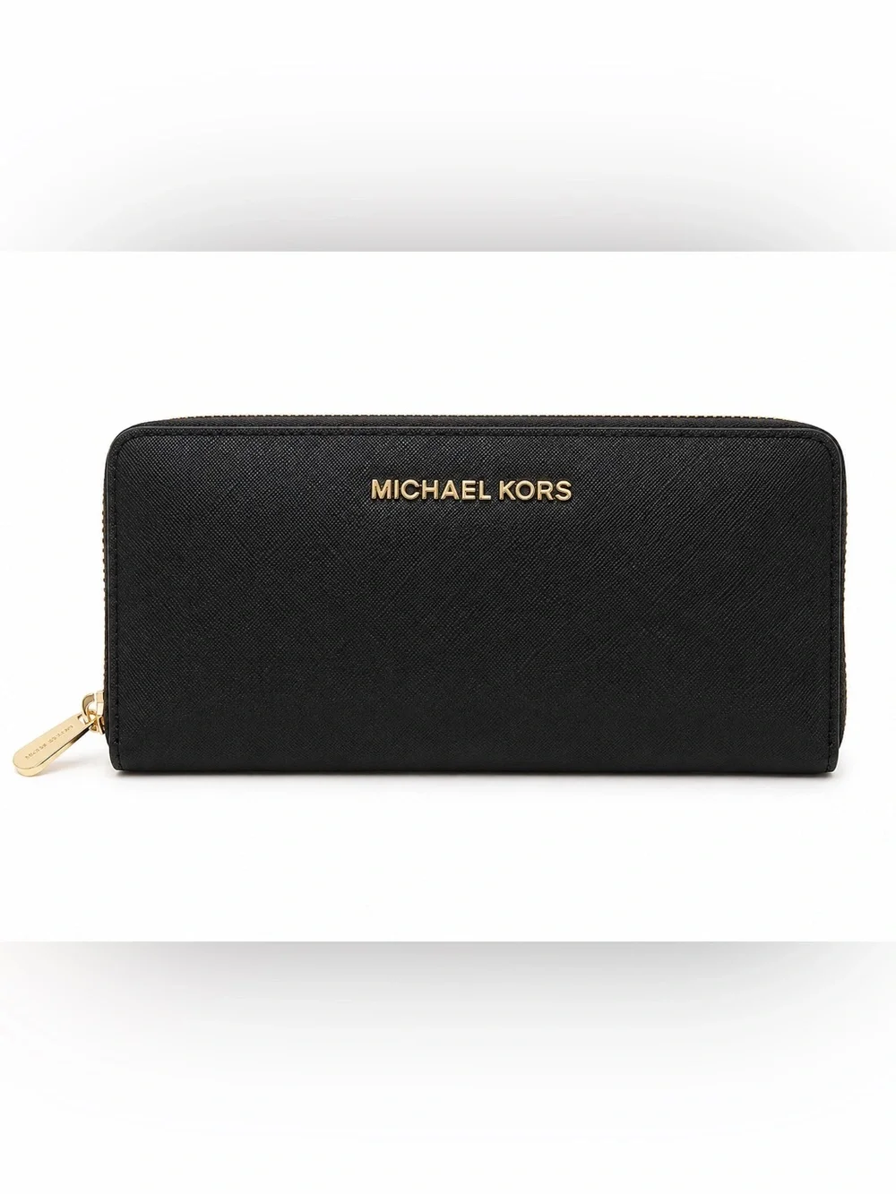 Michael Kors Black Saffiano Zip Around Wallet Gold Hardware 9x4